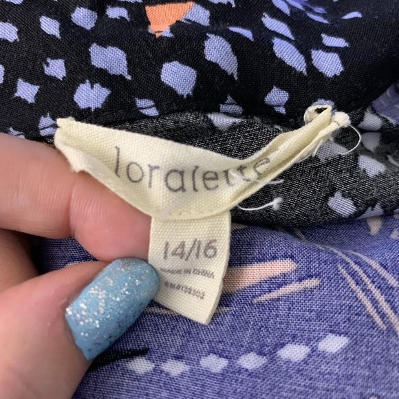 Loralette Short Sleeve High Low Dress 14/16 Black Palm Floral Buttons Pockets - Picture 6 of 6